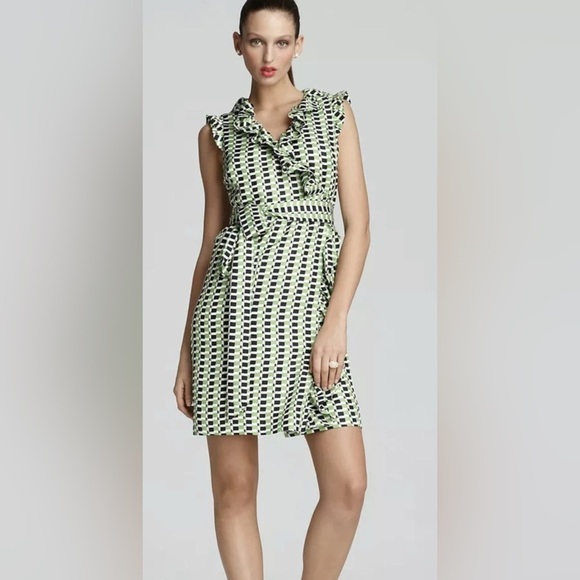 Kate Spade Size 8 Sleeveless Green Geometric Print 100% Silk Aubrey Wrap Dress - Picture 8 of 8